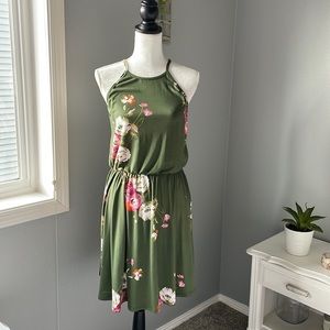 French Grey Tula Gray Olive Green Floral Brushed Knit Dress, Size M